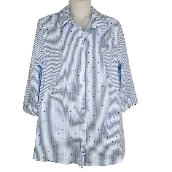 Chico's Womens Easy Cotton Pocket Tunic Dot Stripe 3/4 Sleeve Blue 4/6 No Iron - Picture 1 of 10